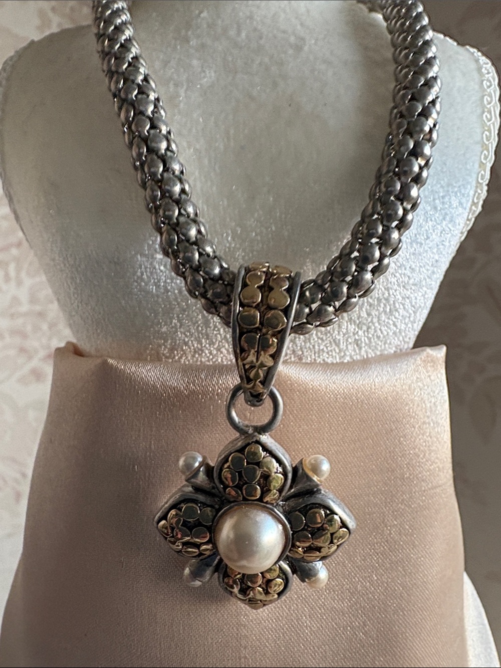 Silver and Gold Pearl Cross Pendant Necklace - Women Jewelry